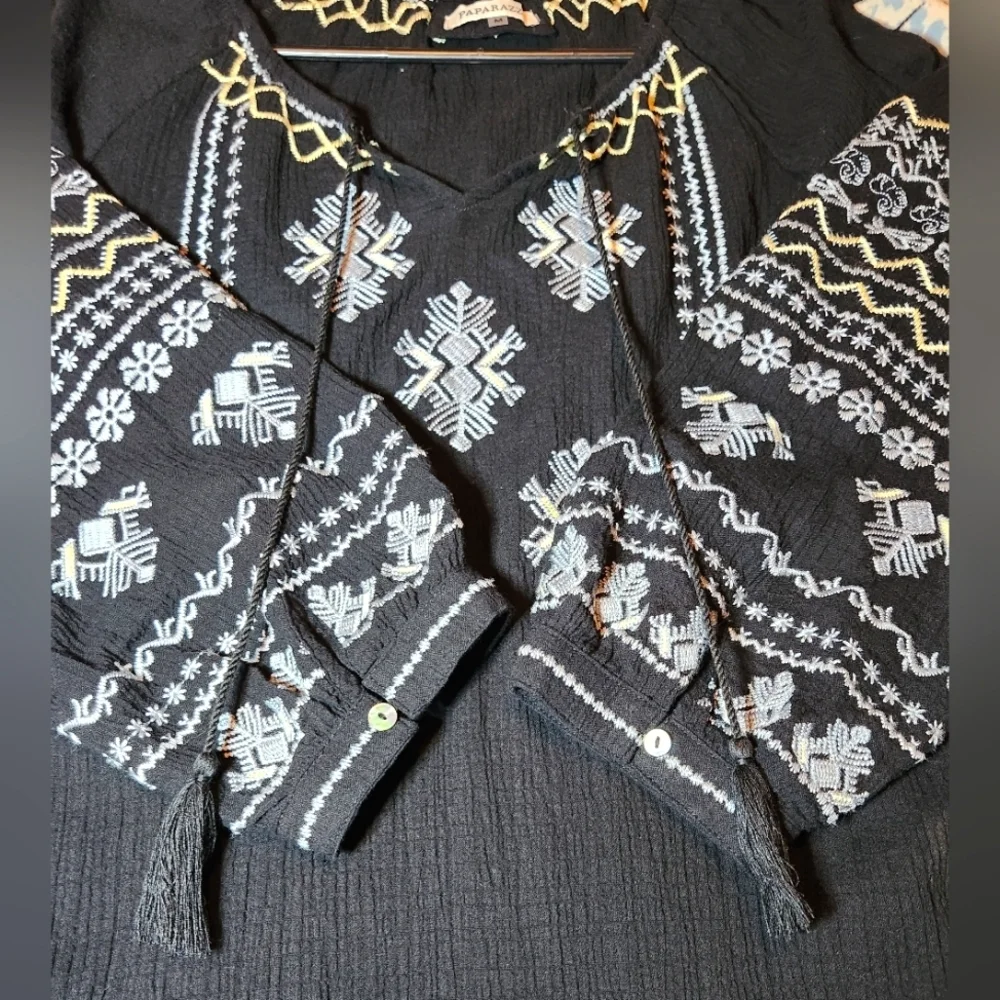 Paparazzi Boho Embroidered Black Top Tunic 100% Cotton Size M Hippie Cottagecore - Picture 2 of 6